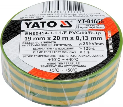 Изолента ПВХ желто-зеленая 19мм х 20м х 0,13мм Yato YT-81655-1