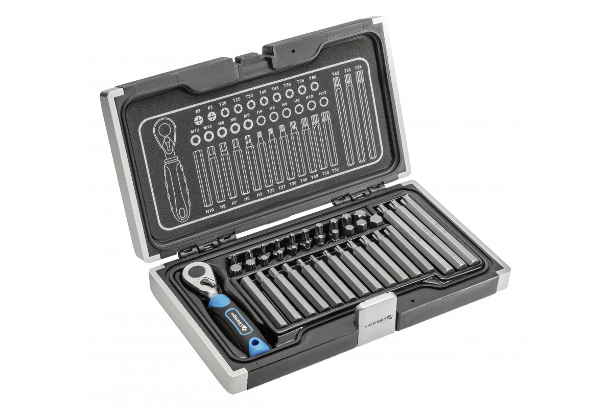 Набор инструмента, трещотка 72T + биты 10мм (37пр.) Hoegert HT1R466