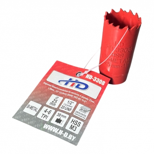 Коронка биметаллическая по металлу и дереву 25мм., L38мм., 1/2"-20UNF, HSS M3 HD-3308