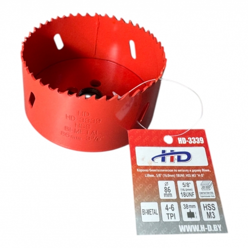 Коронка биметаллическая по металлу и дереву 86мм., L38мм., 5/8"-18UNF, HSS M3 HD-3339