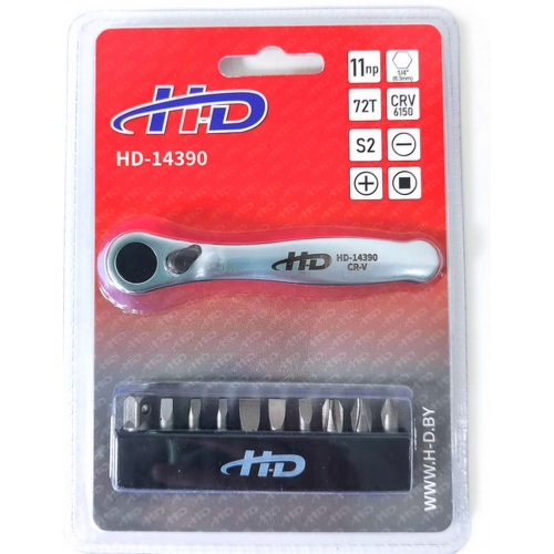Набор инструментов, трещотка 72T + биты 1/4" (11пр.) HD-14390